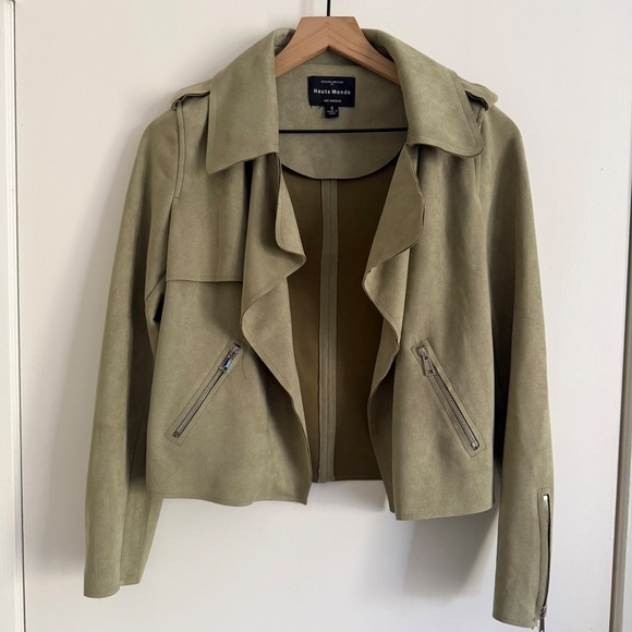 Haute Monde Jackets & Blazers - Haute Monde Olive Green Faux Suede Draped Moto Jacket Chic Classy Biker